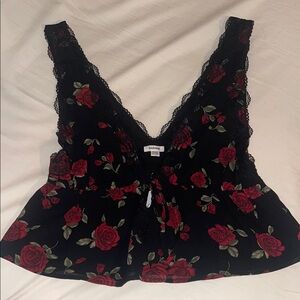 Black Lace Floral Top with Red Roses